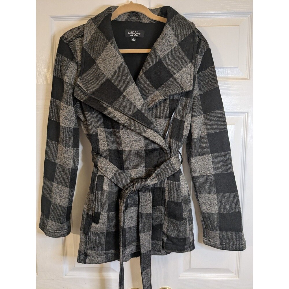 Coffee Shop New York Women's L Black Gray Plaid Belted Moto Jacket Zip Coat